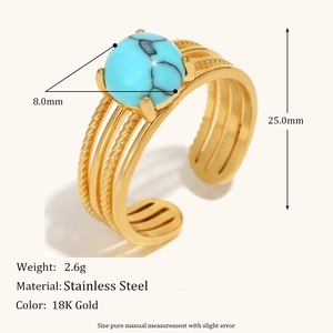 Anello aperto a tre strati in acciaio placcato oro 18K con pietra turchese blu