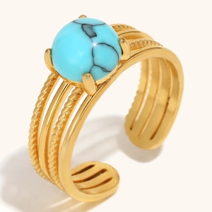 Anello multistrato in acciaio inossidabile placcato oro 18K con grande turchese