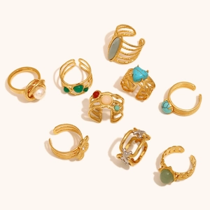 Set di 9 anelli bohémien in acciaio inossidabile placcato oro 18K con pietre