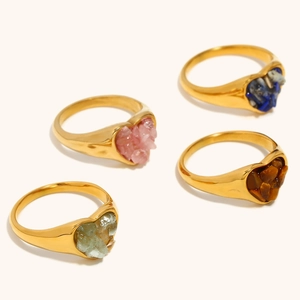 Set of four 18K gold plated stainless steel heart rings with natural crushed stone inlays