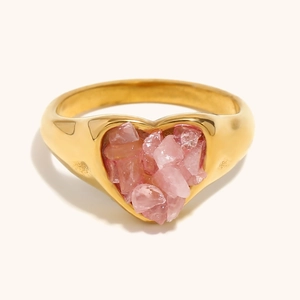 18K gold plated stainless steel heart ring with natural pink stone chips on white background