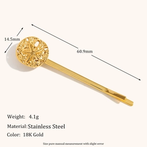 Gold stainless steel starfish shell hair clip with 18K plating and 60.9mm dimensions
