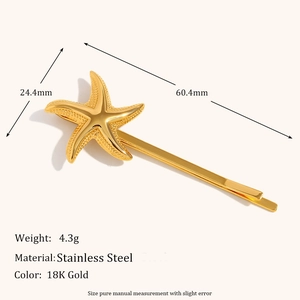 Detailed view of 18K gold plated starfish hair clip with fine metal texture and dimensions