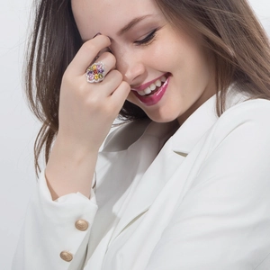 Elegant silver flower cluster ring with colorful AAA cubic zirconia stones on model