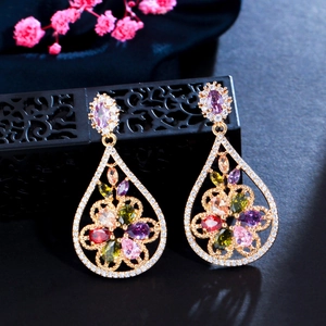 Champagne gold teardrop earrings with multi-color AAA cubic zirconia in floral design
