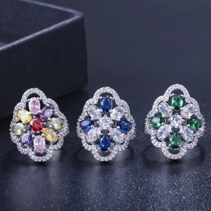 Three elegant floral rings with AAA cubic zirconia in multi-color, blue and green sets
