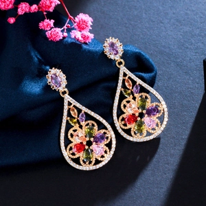 Elegant champagne gold drop earrings with colorful AAA zircon stones and micro-pave crystals