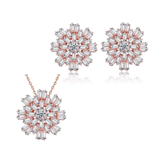 Elegante set di gioielli in oro rosa con fiocco di neve in zircone, collana e orecchini a lobo