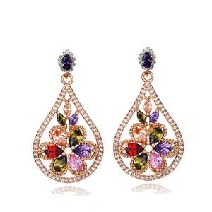 Champagne gold teardrop earrings with colorful AAA zircon floral cluster stones