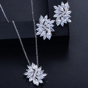 Elegant silver jewelry set with marquise-cut zircon necklace and earrings in leaf design