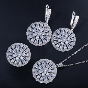 Luxury Copper Zirconia Flower Jewelry Set For Women Sunflower Necklace Earrings Ring Silver Plated Bridal Wedding Party Jewelry