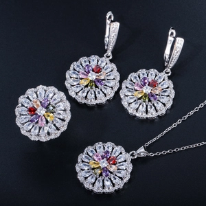 Macro detail of multi-color flower zircon jewelry set with necklace earrings and ring