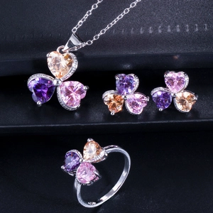 Elegant Heart Clover Zirconia Copper Necklace Earrings Ring Collection For Women Luxury Flower Jewelry Gift For Anniversary
