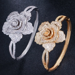 Luxury Copper Rose Flower Open Bangle Full Pave Zirconia Adjustable Shiny Wrist Bracelet For Women Elegant Jewelry Gift