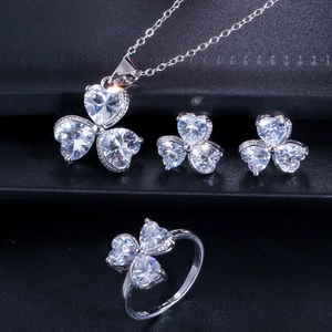 Macro shot of S925 hallmark on jewelry set featuring clover-shaped zircon stones