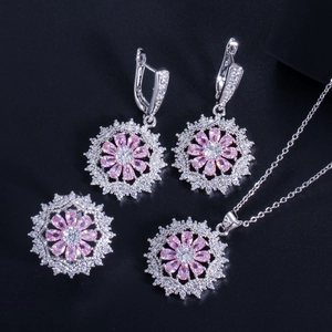 Funkelndes rosa Zirkon Brautschmuck-Set mit Sonnenblumen-Halskette Ohrringen und Ring