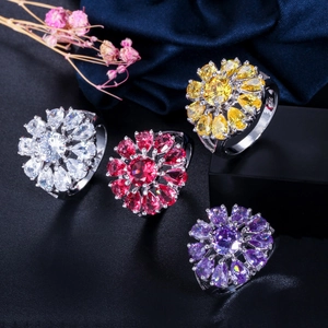 Anillo de Flor de Cobre y Circonia de Lujo para Mujer Exquisitos Anillos de Cóctel de Girasol de Colores Joyería de Boda Fiesta