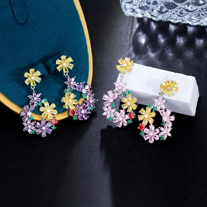 Exquisite floral drop earrings featuring colorful marquise-cut zircon stones on silver pins