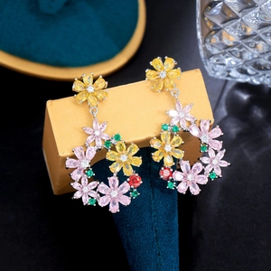 S925 silver multi-color floral cluster drop earrings with vibrant zircon crystals