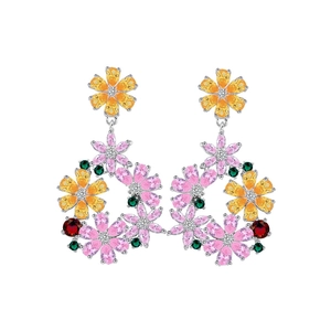 Floral cluster drop earrings with multicolor cubic zirconia crystals in silver setting