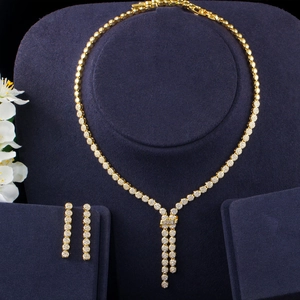 Luxury Gold Plated Copper Jewelry Set With AAA Zircon Necklace And Dangle Earrings For Wedding Bridal Party Women
