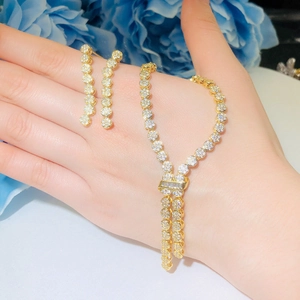 Elegant gold bridal jewelry set with sparkling zircon necklace, earrings, and bracelet