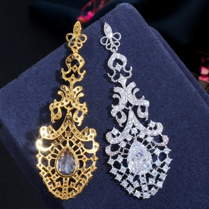 Exquisitos pendientes de novia largos S925 con circón de pera en oro y plata