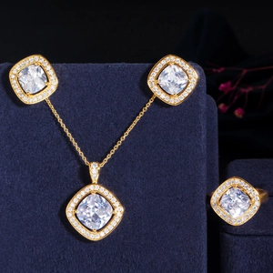Luxury Copper Cushion Cut Zirconia Jewelry Set Halo Square Necklace Earrings Ring For Women Elegant Wedding Party Jewelry