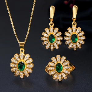 Luxe Koperen Zirconia Zonnebloem Sieradenset Voor Bruid Bruidsmeisje Bruiloft Banket Feest Vrouwen Ketting Oorbellen Ring