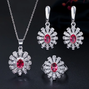 Bruidssieradenset met rode ovale robijn zircon bloem halsketting, oorbellen en ring