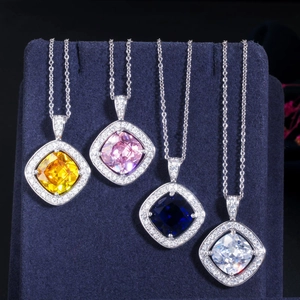 Three-piece square zircon jewelry set with necklaces in yellow, pink, blue, and white colors