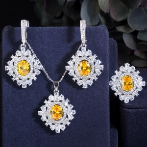 Luxe Koper Zirkonia Bloem Sieradenset Met Ketting Oorbellen En Ring Voor Dames Bruiloft Feest Elegante Accessoires
