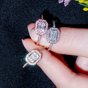 Classic rectangle zircon engagement rings in rose gold, silver, and gold plated finishes