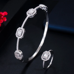 Luxury Copper Zirconia Jewelry Set Geometric Bangle And Ring Gold Rose Gold Platinum Plated Micro Pave Women Jewelry Gift