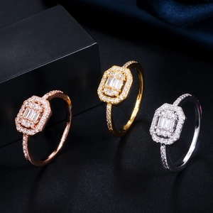 Classic rectangle zircon rings in gold, silver and rose gold with pavé setting detail
