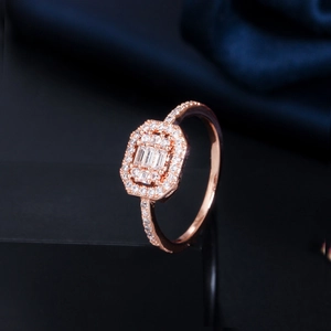 Elegant rose gold octagon engagement ring featuring micro-pave zircons and halo design