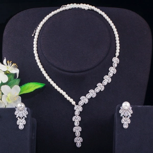 Elegant Copper Jewelry Set With AAA Zircon And Artificial Pearl Necklace Earrings For Women Wedding Bridal Banquet Jewelry