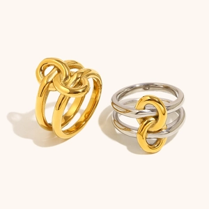 Minimalist knotted double layer 18K gold plated stainless steel ring in two-tone finish
