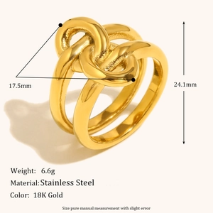 Knotted double layer stainless steel ring with 18K gold plating and polished finish