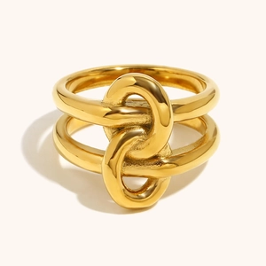 Polished 18K gold double-layered knotted ring for women with intertwined link design