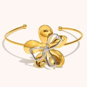 Minimalist 18K gold plated stainless steel open bangle with layered floral design