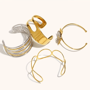 Collection of minimalist 18K gold plated stainless steel hollow flower and linear bangles