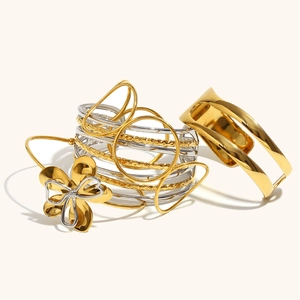 Creative stack of 18K gold and silver plated stainless steel flower bangles for women