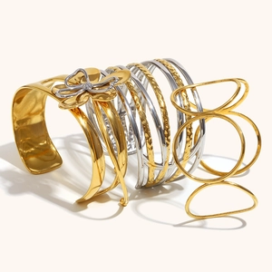 Multi-layer 18K gold plated flower cuff bangle with mixed metal textures and crystals