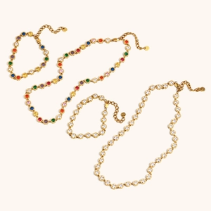18K gold plated stainless steel necklace and bracelet set with colorful cubic zirconia