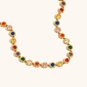 Chic 18K gold plated stainless steel necklace featuring a vibrant rainbow of zircon stones