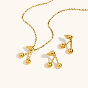 Elegant 18K gold plated cherry jewelry set with necklace and matching stud earrings