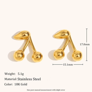 Macro detail of 18K gold-plated stainless steel cherry earrings with size dimensions