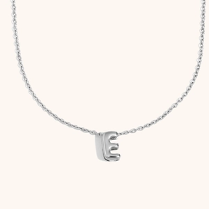 Minimalist silver 3D bubble letter E pendant necklace with polished stainless steel chain