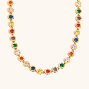 18K Gold Plated Stainless Steel Round Zirconia Chain Necklace Bracelet For Women Colorful Rainbow Cubic Zirconia Jewelry